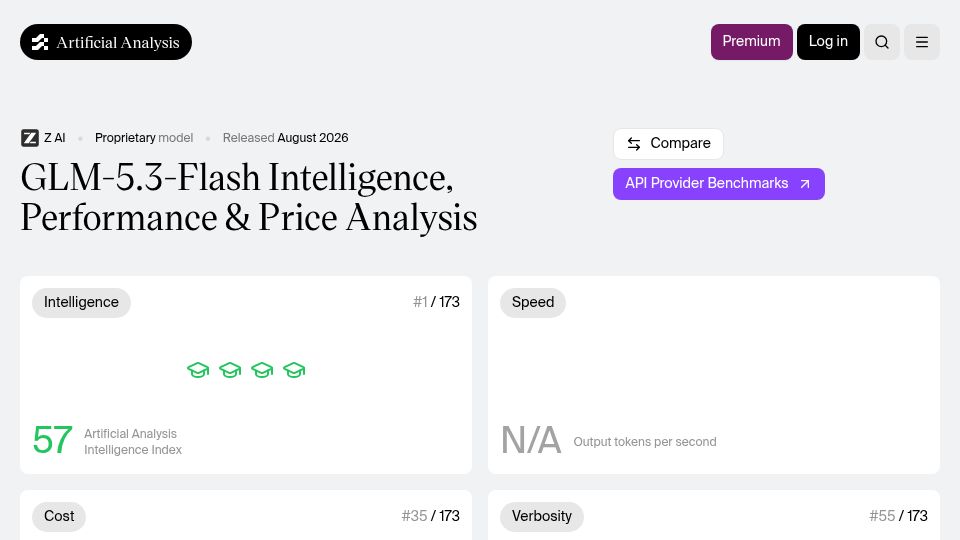 Screenshot of artificialanalysis.ai: GLM-5.3-Flash Intelligence, Performance and Price Analysis