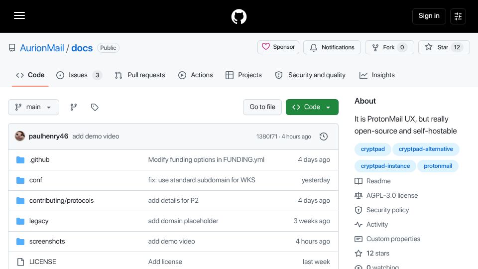 Screenshot of github.com: AurionMail: E2EE suite (CryptPad/Stalwart) with single-password UX
