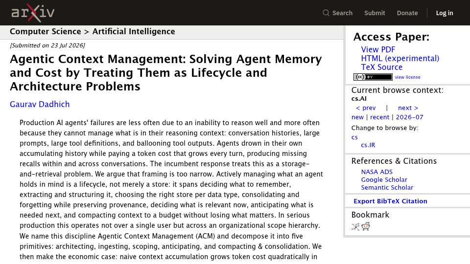 Screenshot of arxiv.org: Agentic Context Management: Memory and Cost as Architecture Problems
