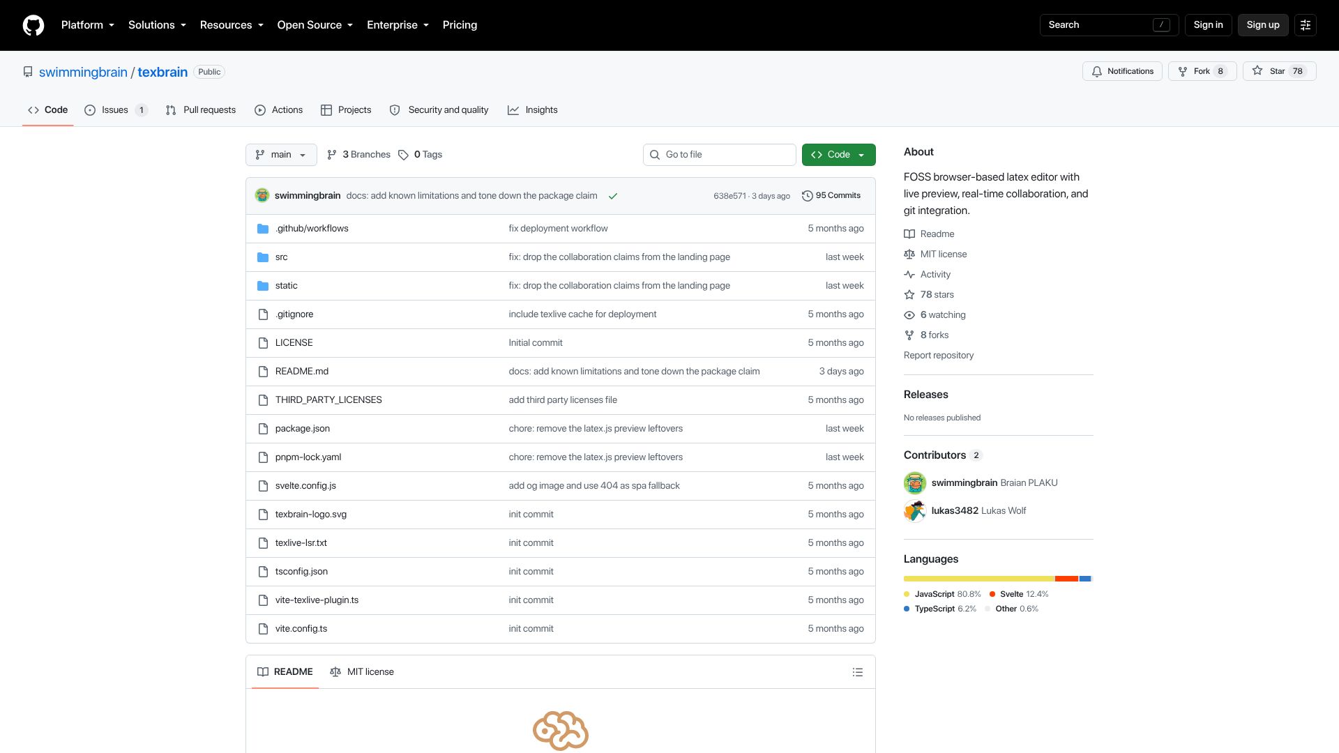 Screenshot of github.com: Show HN: TeXbrain, a LaTeX editor that runs pdfTeX in the browser via WASM