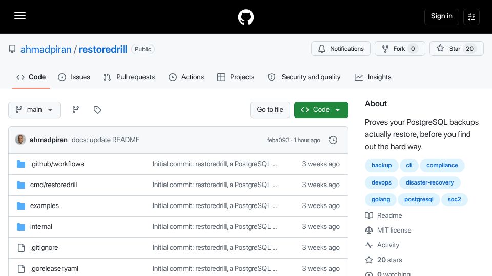 Screenshot of github.com: Show HN: Restoredrill – proves your Postgres backups restore