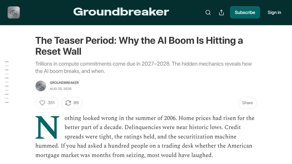 Screenshot of groundbrkr.com: The Teaser Period: Why the AI Boom Is Hitting a Reset Wall