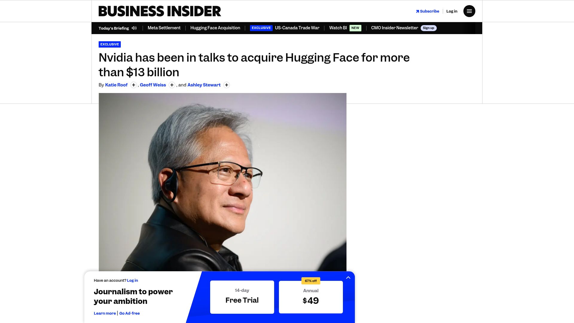 Screenshot of businessinsider.com: Nvidia agrees to acquire Hugging Face for $13B