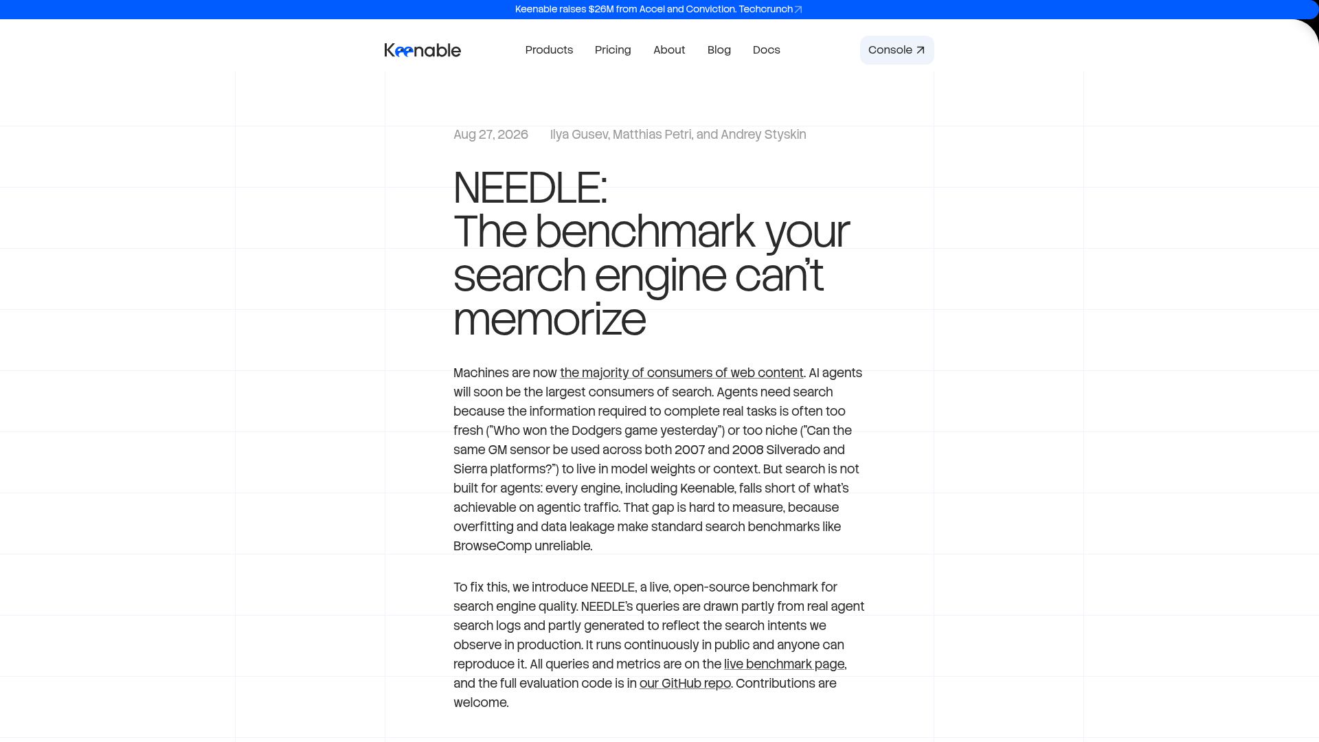 Screenshot of keenable.ai: Needle: The benchmark your search engine can't memorize