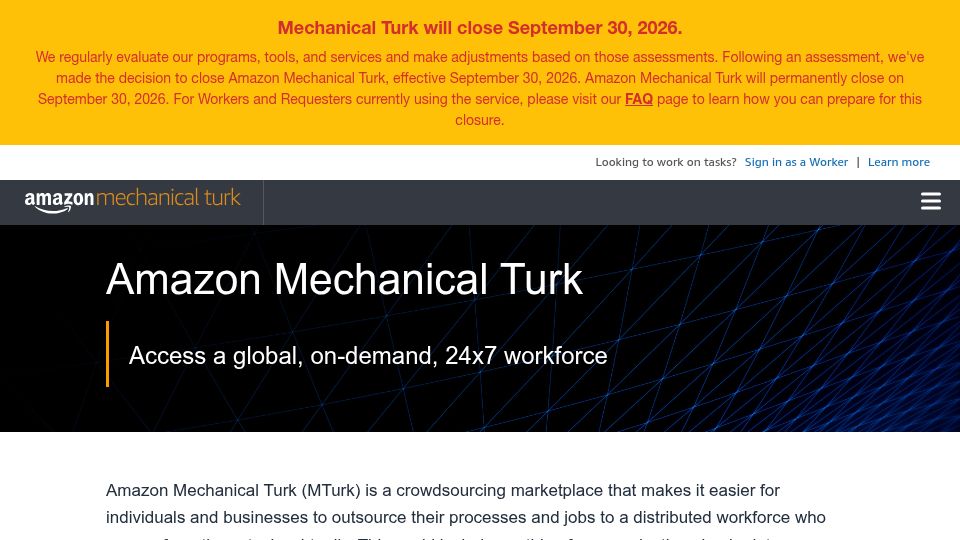 Screenshot of mturk.com: Mechanical Turk shutting down September 30