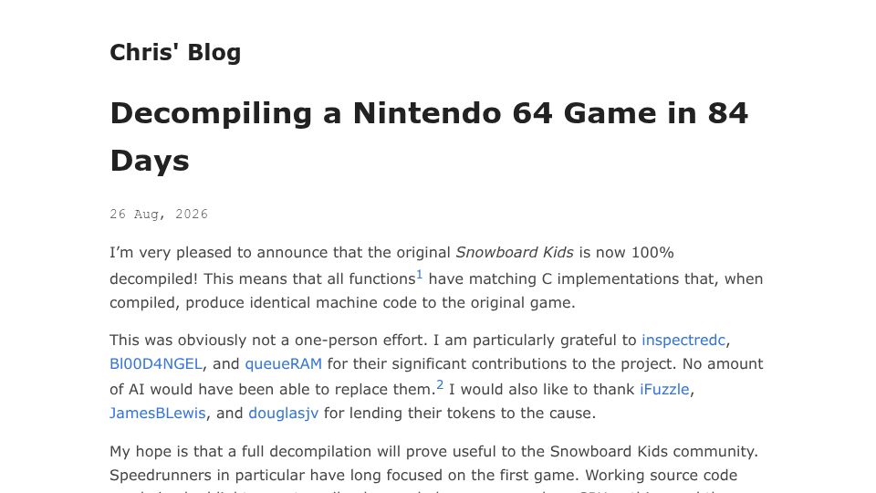 Screenshot of blog.chrislewis.au: Decompiling a Nintendo 64 game in 84 days