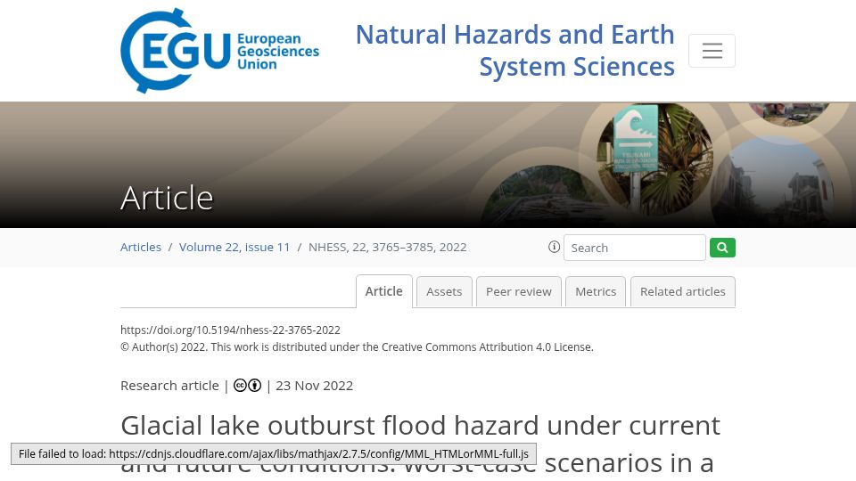 Screenshot of nhess.copernicus.org: Worst-case glacial lake flood scenarios in a transboundary Himalayan basin 2022