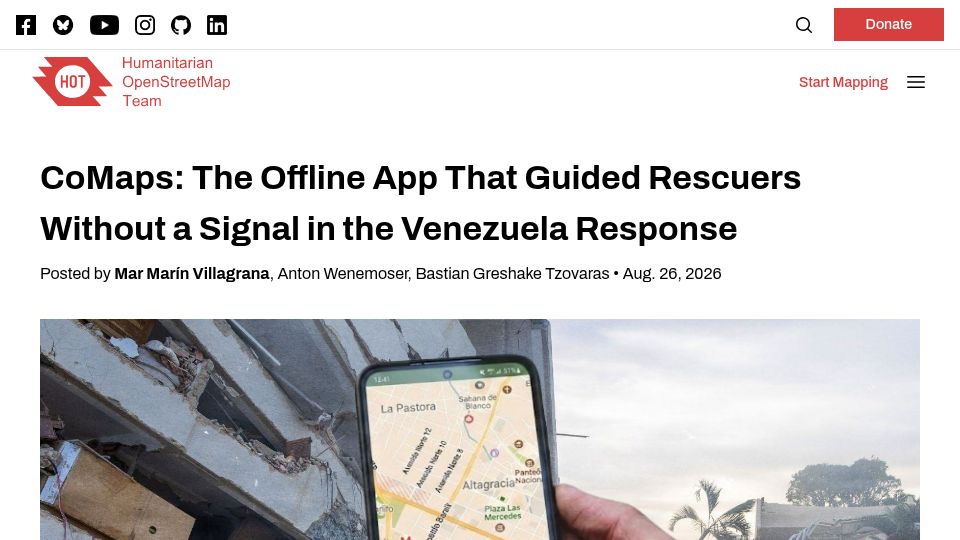 Screenshot of hotosm.org: CoMaps: The Offline App That Guided Rescuers Without a Signal in Venezuela