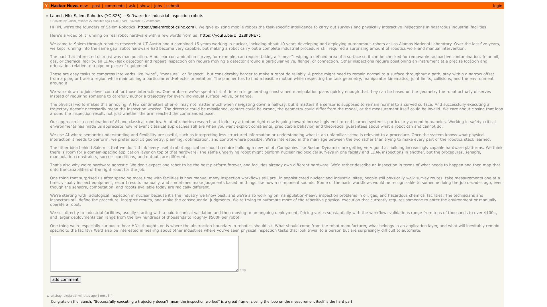 Screenshot of this Hacker News post: Launch HN: Salem Robotics (YC S26) – Software for industrial inspection robots