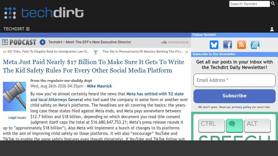Screenshot of techdirt.com: Meta Paid $17B – Gets to Write Safety Rules for Other SocMedia Platform
