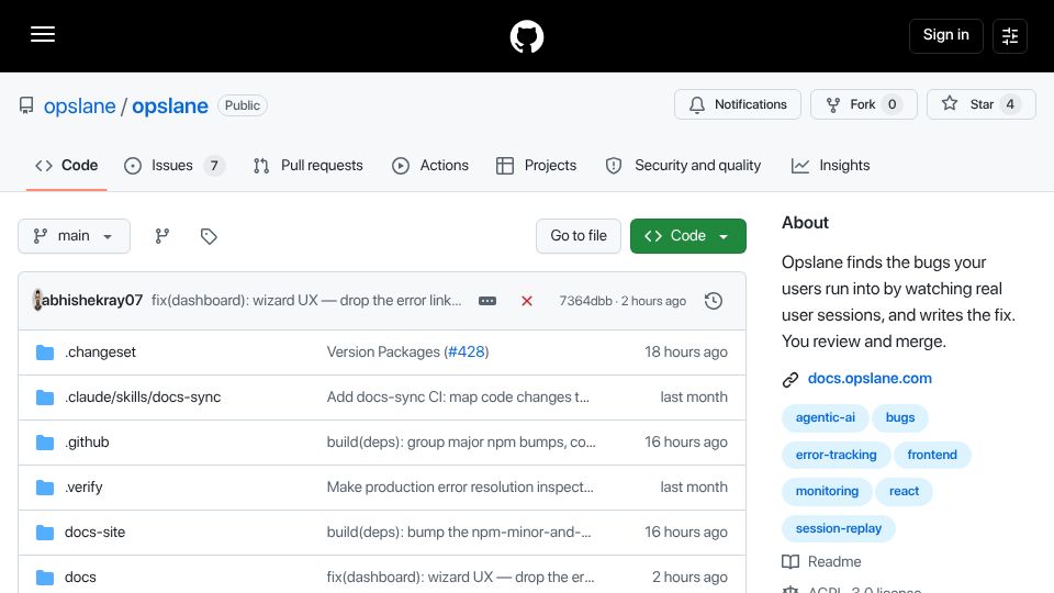Screenshot of github.com: Show HN: Watches user sessions, finds bugs that matter, and fixes them