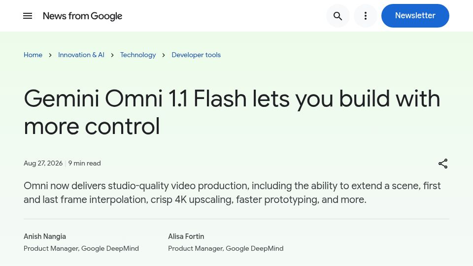 Screenshot of blog.google: Gemini Omni 1.1 Flash