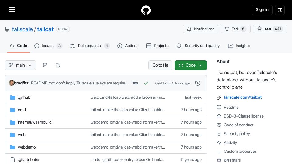 Screenshot of github.com: Tailcat – Like netcat, but over Tailscale’s data plane