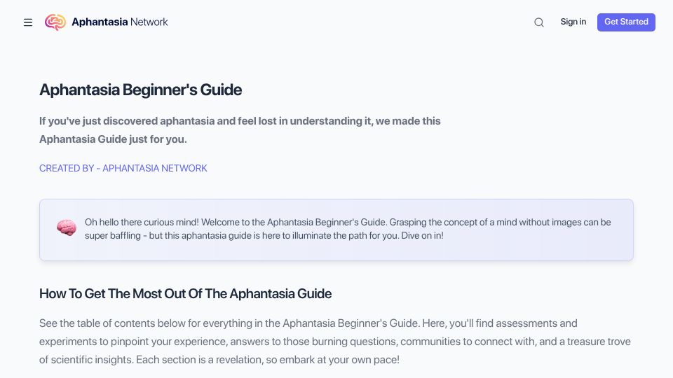 Screenshot of aphantasia.com: Aphantasia Beginner's Guide