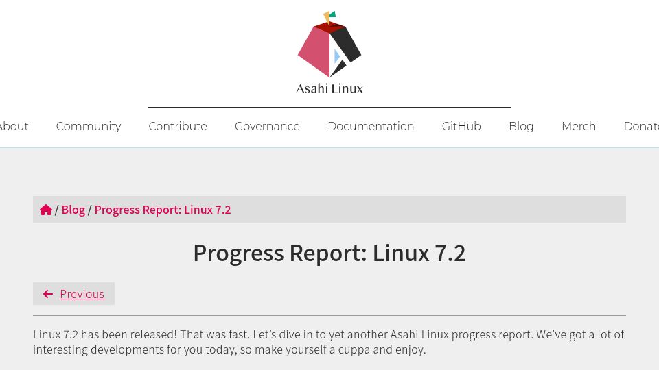 Screenshot of asahilinux.org: Asahi Linux Progress Report: Linux 7.2
