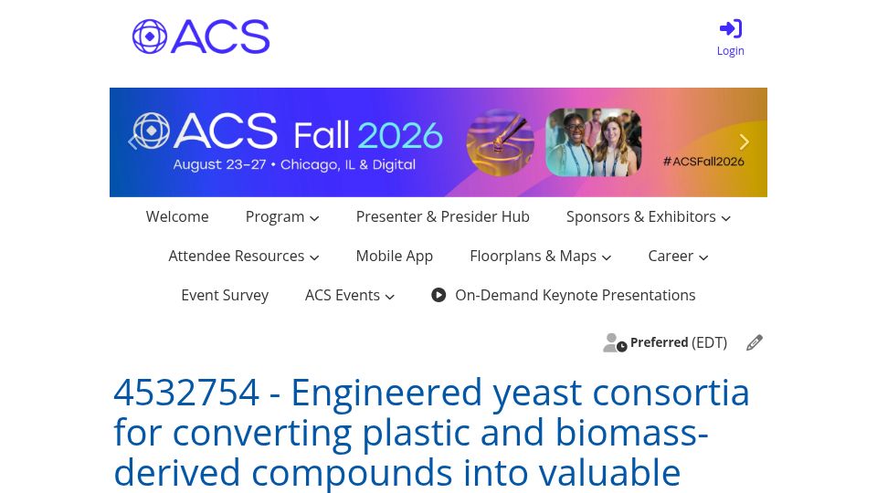 Screenshot of acs.digitellinc.com: Engineered yeast for converting plastic and biomass compounds to food additives