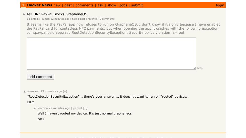 Screenshot of Hacker News post: Tell HN: PayPal blocks GrapheneOS
