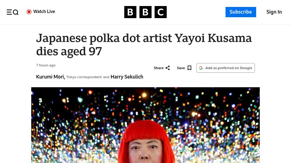 Screenshot of bbc.com: Yayoi Kusama has died