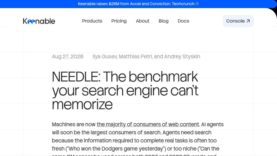 Screenshot of keenable.ai: Needle: The benchmark your search engine can't memorize