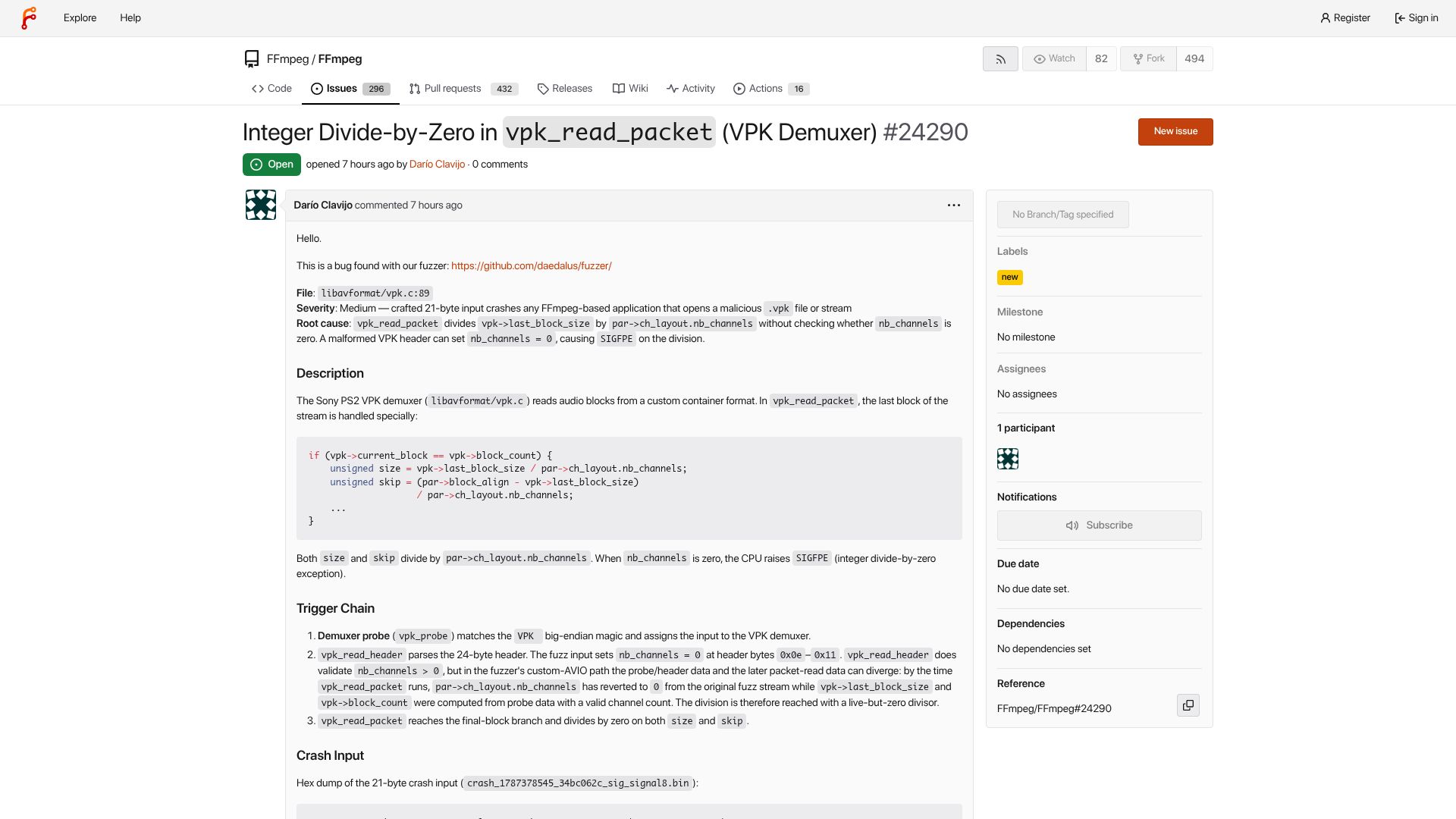 Screenshot of code.ffmpeg.org: We found a division by zero bug in FFmpeg with a vibecoded fuzzer