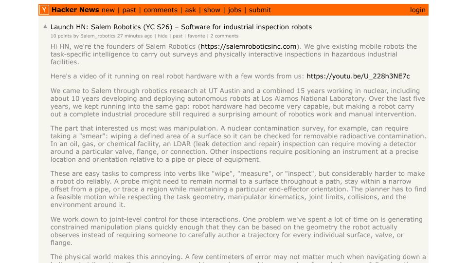Screenshot of Hacker News post: Launch HN: Salem Robotics (YC S26) – Software for industrial inspection robots