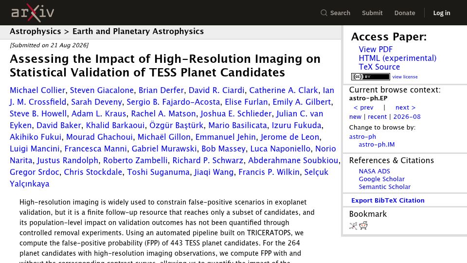 Screenshot of arxiv.org: High-Resolution Imaging for Statistical Validation of TESS Planet Candidates