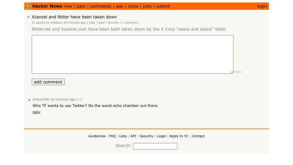 Screenshot of Hacker News post: Xcancel and Nitter have been taken down