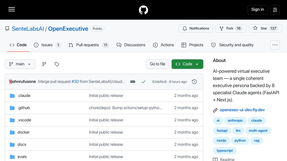 Screenshot of github.com: CEO fired developers to make room for AI. Developers create open source AI CEO