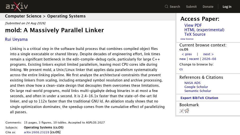 Screenshot of arxiv.org: Mold: A Massively Parallel Linker