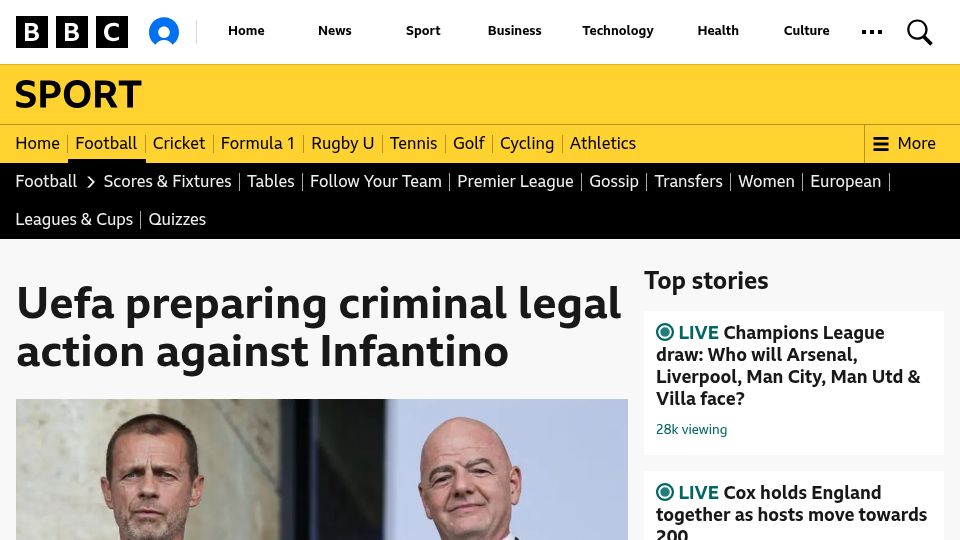 Screenshot of bbc.com: Uefa pursuing criminal legal action against Infantino
