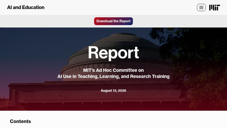 Screenshot of aiandeducation.mit.edu: MIT's Ad Hoc Committee on AI Use in Teaching, Learning, and Research Training