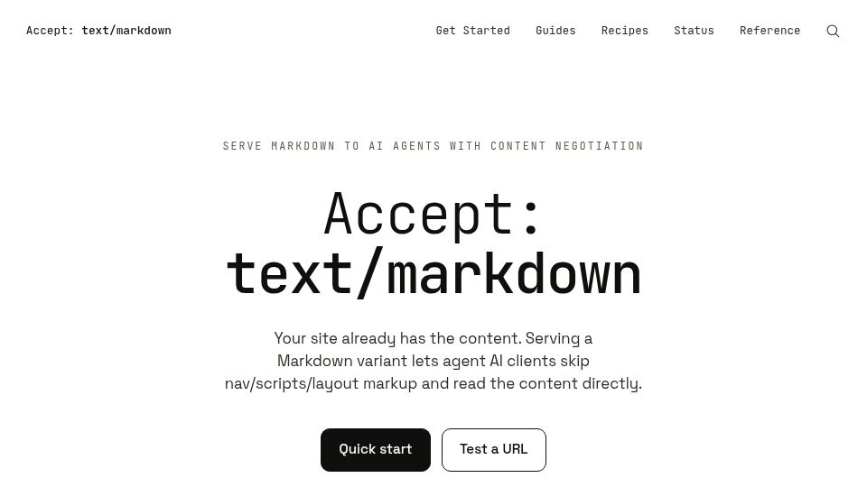 Screenshot of acceptmarkdown.com: Serve Markdown to AI Agents with Accept Headers