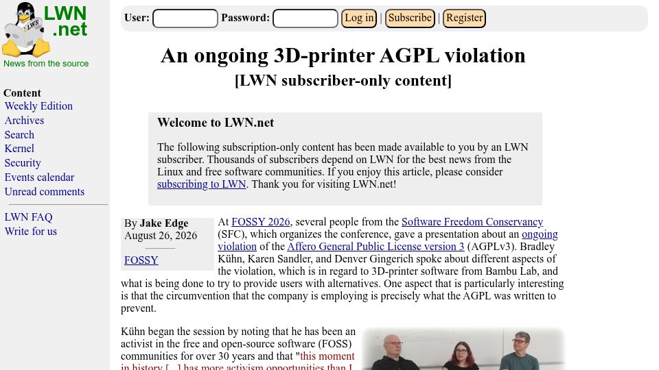 Screenshot of lwn.net: An ongoing 3D-printer AGPL violation