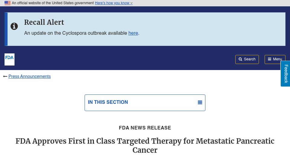 Screenshot of fda.gov: FDA approves first in class targeted therapy for metastatic pancreatic cancer