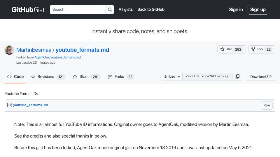 Screenshot of gist.github.com: YouTube Format IDs