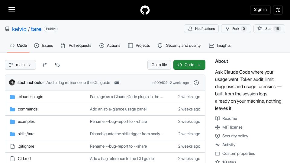 Screenshot of github.com: Show HN: My Claude quota ran out in 10 minutes, so I made a tool to find out why