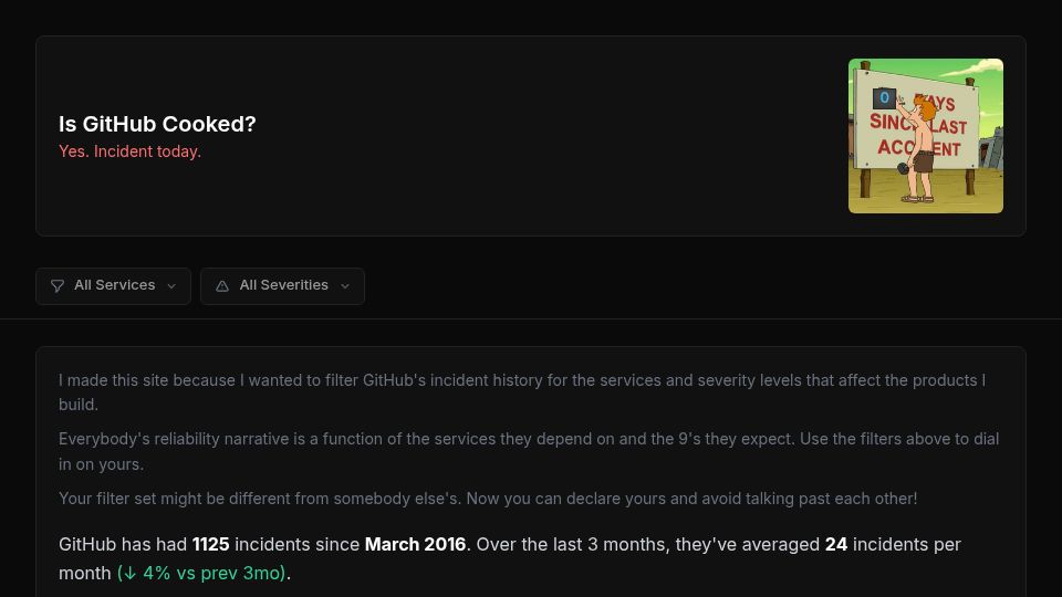 Screenshot of isgithubcooked.com: GitHub Outage Tracker: Is GitHub Cooked?