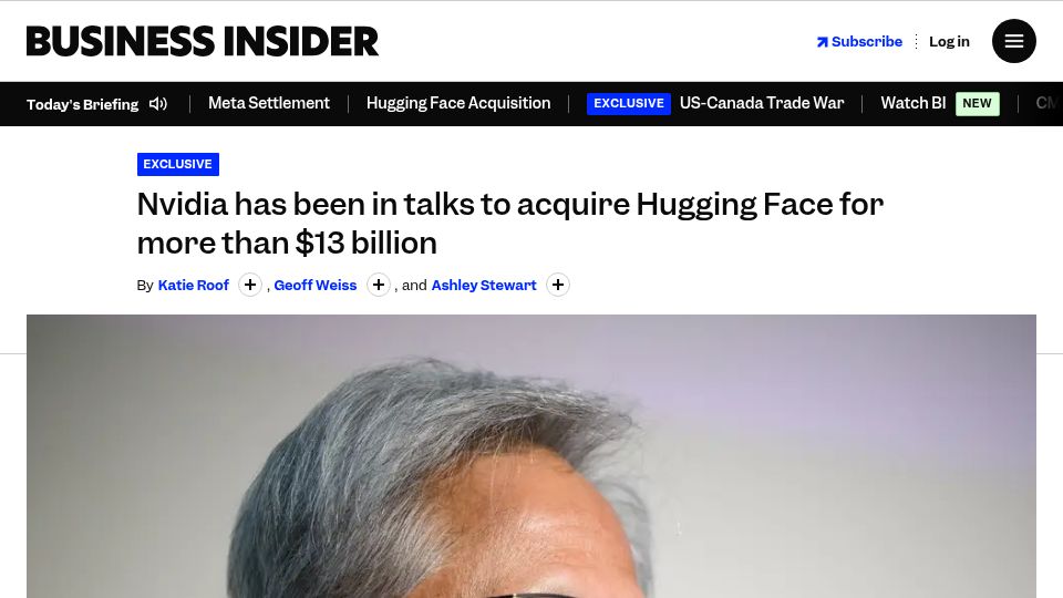 Screenshot of businessinsider.com: Nvidia agrees to acquire Hugging Face for $13B