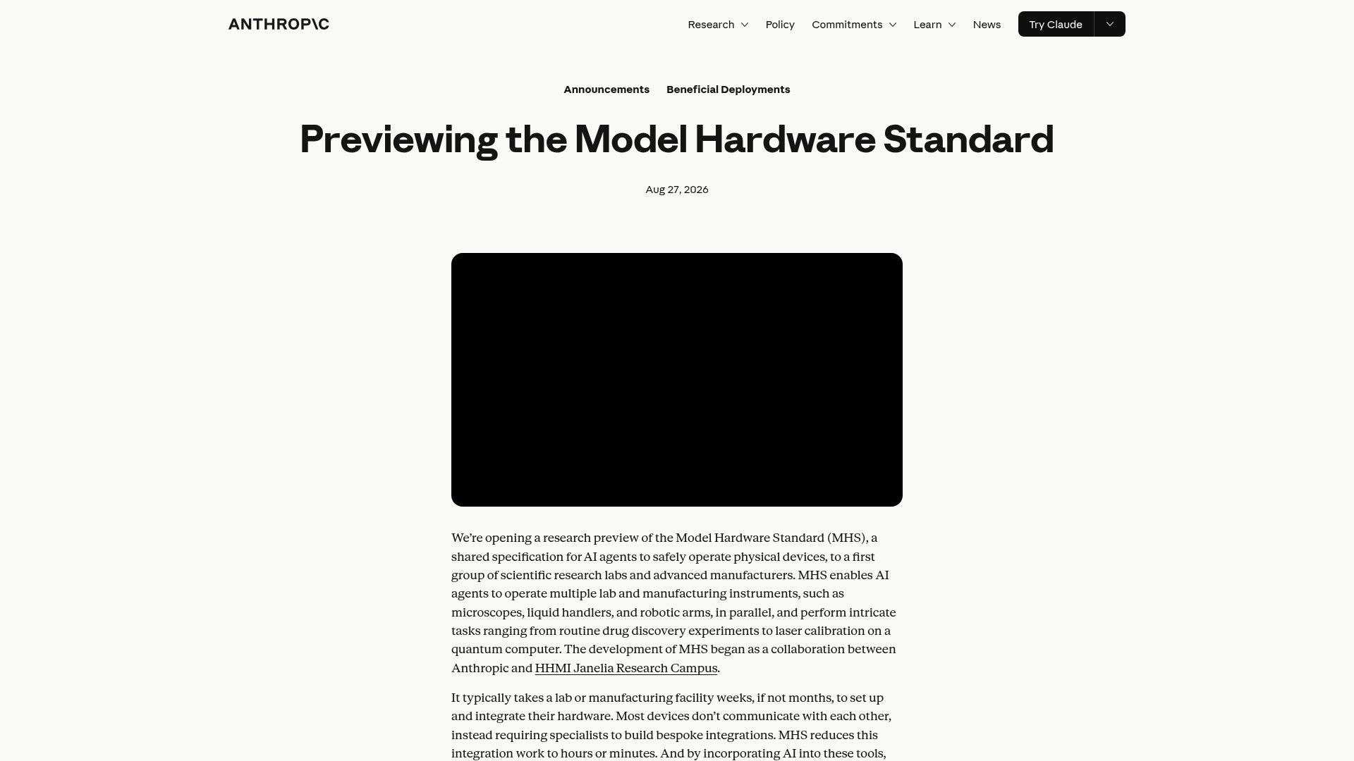Screenshot of anthropic.com: Previewing the Model Hardware Standard