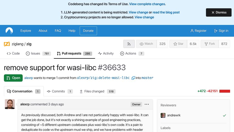 Screenshot of codeberg.org: Zig to remove support for wasi-libc