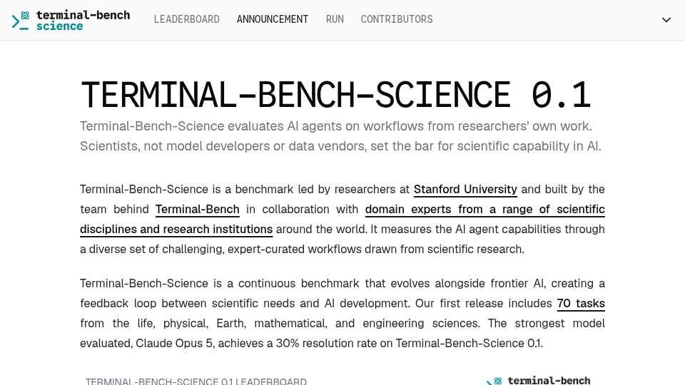 Screenshot of terminal-bench-science.ai: Terminal-Bench-Science: Evaluating AI agents on scientific research workflows