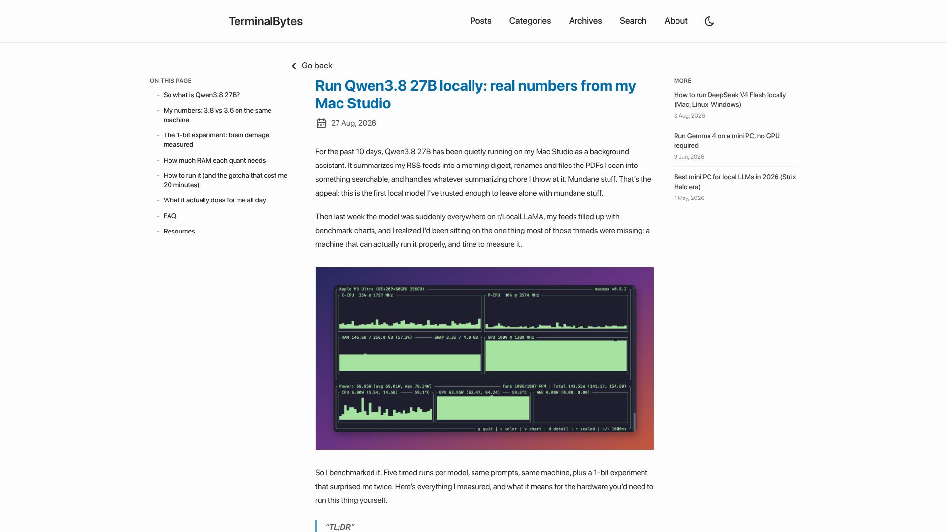 Screenshot of terminalbytes.com: Run Qwen3.8 27B locally: real numbers from my Mac Studio