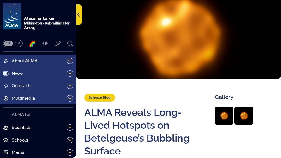 Screenshot of almaobservatory.org: ALMA Reveals Long-Lived Hotspots on Betelgeuse's Bubbling Surface