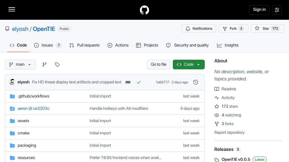 Screenshot of github.com: Show HN: OpenTIE and OpenXWA, Modern Ports of Tie Fighter and X-Wing Alliance