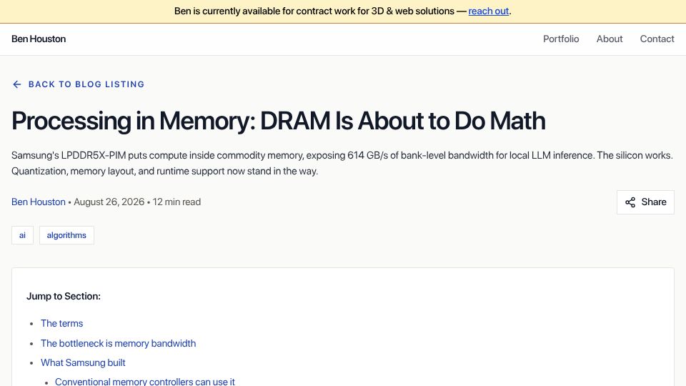 Screenshot of ben3d.ca: Processing in Memory: DRAM Is About to Do Math