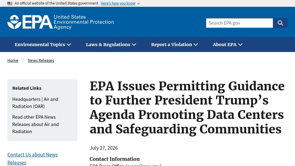 Screenshot of epa.gov: EPA says power for data centers can sidestep pollution laws