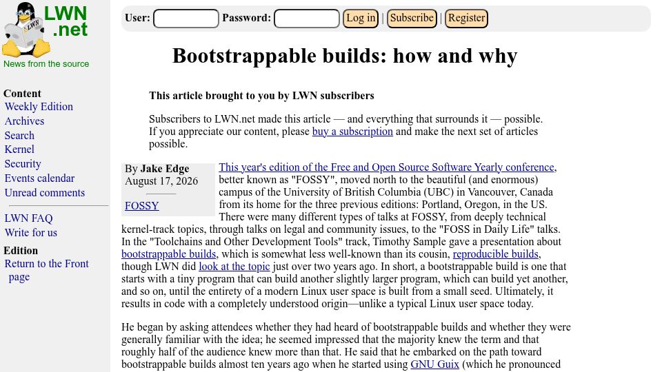 Screenshot of lwn.net: Bootstrappable Builds: How and Why