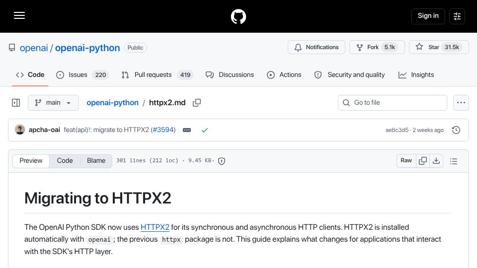 Screenshot of github.com: Migrating to HTTPX2