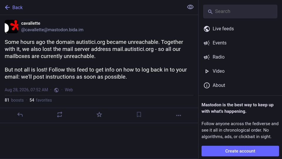 Screenshot of mastodon.bida.im: Autistici/Inventati's main .org domain goes dark after US terrorism designation