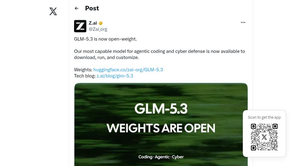 Screenshot of huggingface.co: GLM-5.3 is now open-weight
